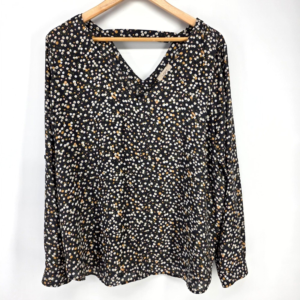 LOFT Outlet Blouse Womens Large Black Floral V-Neck Strappy Back Long Sleeve Top